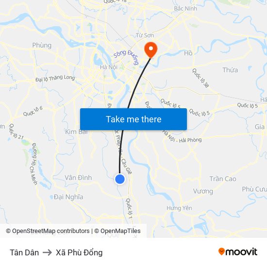 Tân Dân to Xã Phù Đổng map