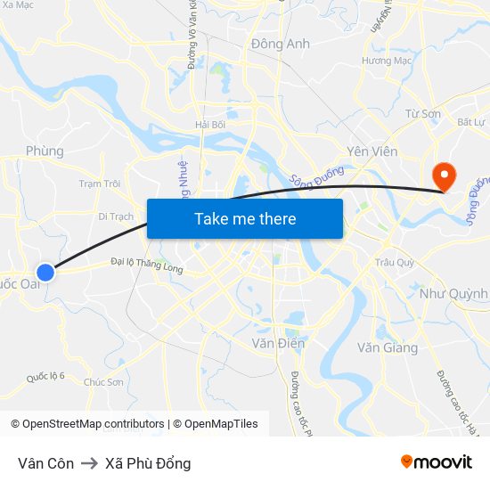 Vân Côn to Xã Phù Đổng map