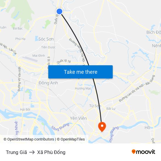 Trung Giã to Xã Phù Đổng map