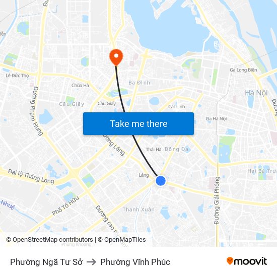 Phường Ngã Tư Sở to Phường Vĩnh Phúc map