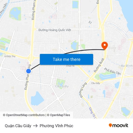 Quận Cầu Giấy to Phường Vĩnh Phúc map