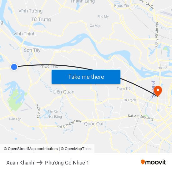 Xuân Khanh to Phường Cổ Nhuế 1 map