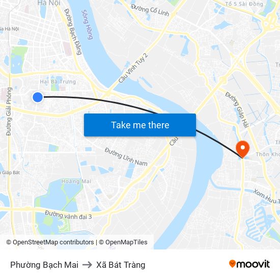 Phường Bạch Mai to Xã Bát Tràng map