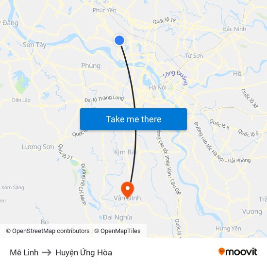 Mê Linh to Huyện Ứng Hòa map