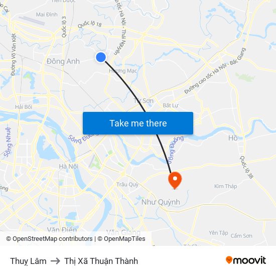 Thuỵ Lâm to Thị Xã Thuận Thành map