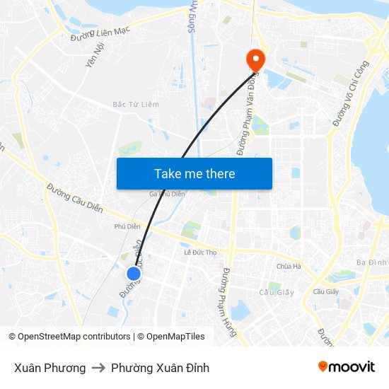 Xuân Phương to Phường Xuân Đỉnh map