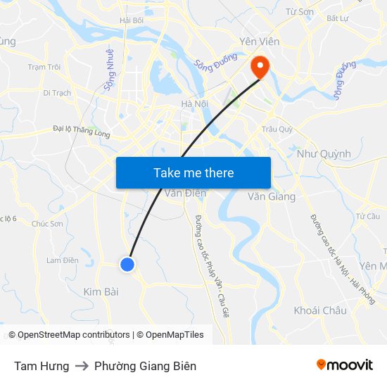 Tam Hưng to Phường Giang Biên map