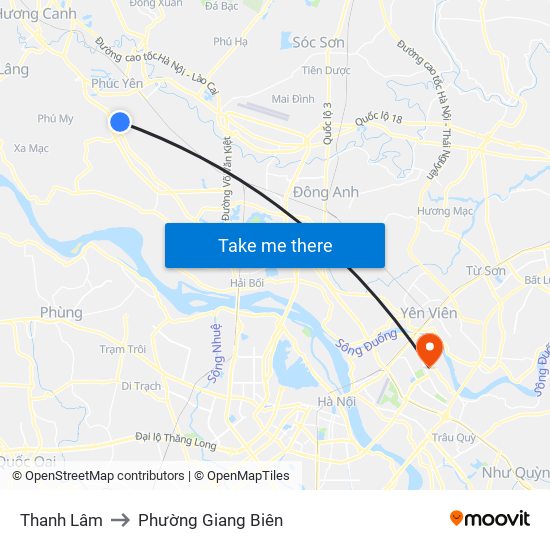 Thanh Lâm to Phường Giang Biên map