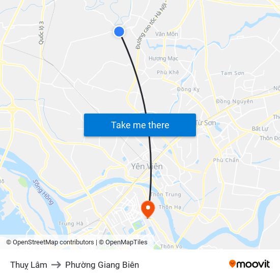 Thuỵ Lâm to Phường Giang Biên map