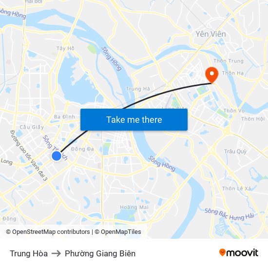 Trung Hòa to Phường Giang Biên map