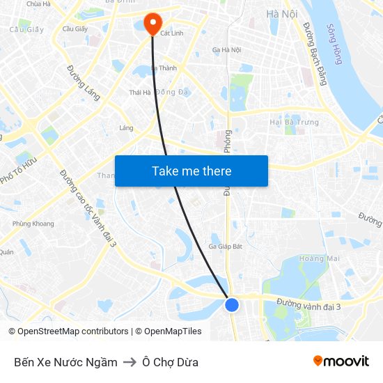 Bến Xe Nước Ngầm to Ô Chợ Dừa map