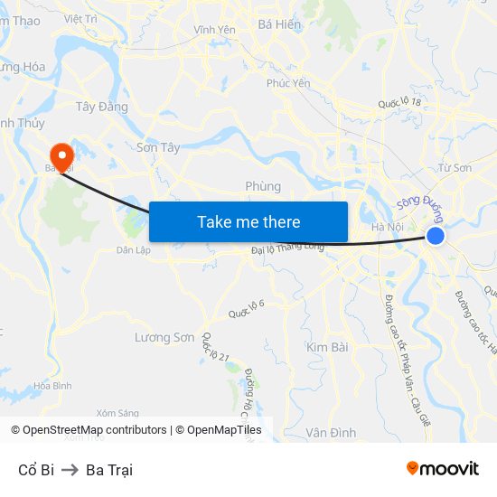 Cổ Bi to Ba Trại map