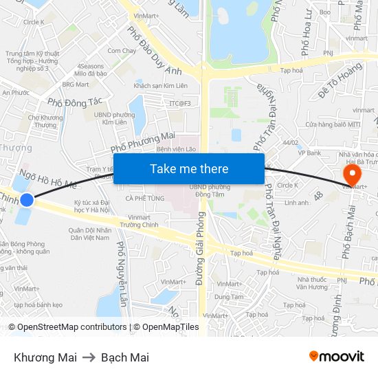 Khương Mai to Bạch Mai map