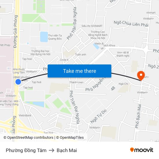 Phường Đồng Tâm to Bạch Mai map
