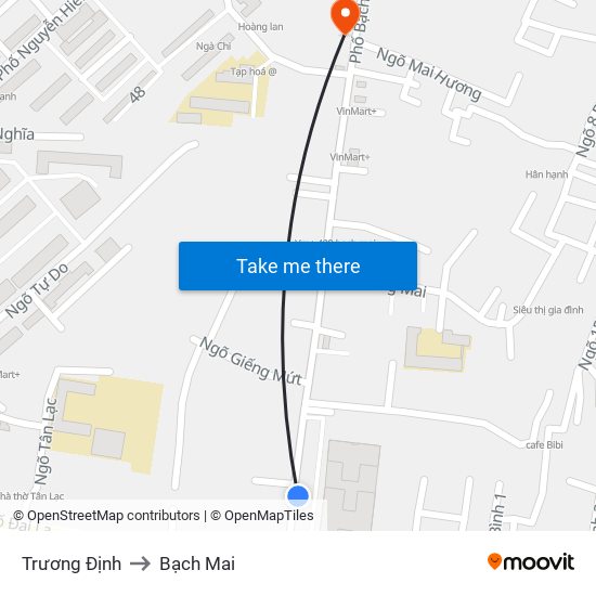 Trương Định to Bạch Mai map