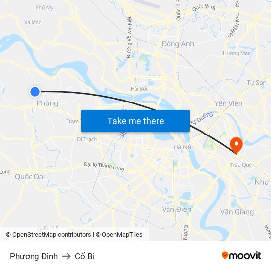 Phương Đình to Cổ Bi map