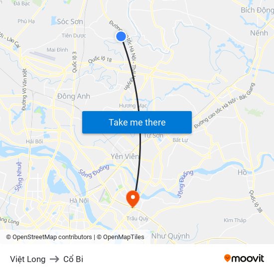 Việt Long to Cổ Bi map