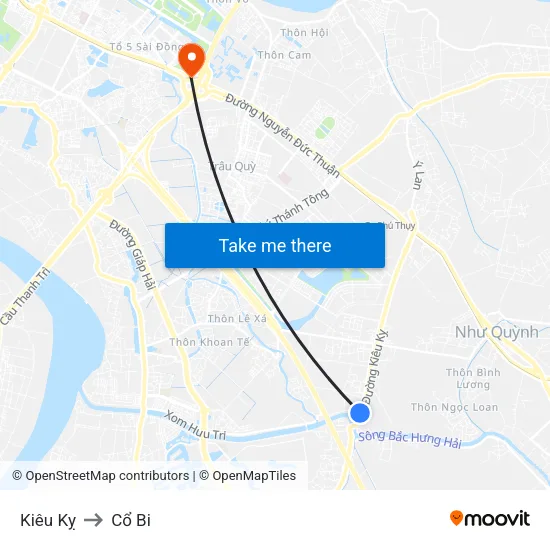 Kiêu Kỵ to Cổ Bi map