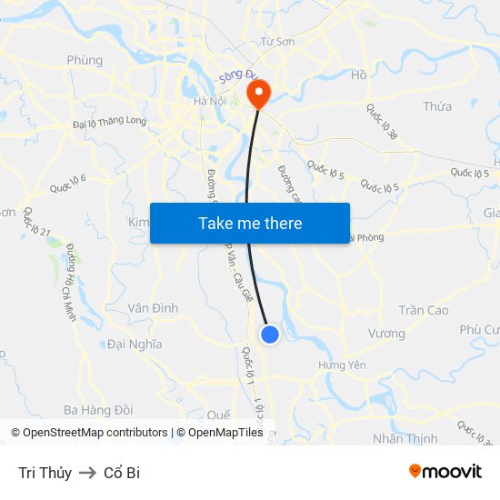 Tri Thủy to Cổ Bi map