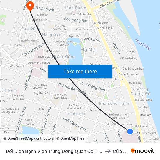 Đối Diện Bệnh Viện Trung Ương Quân Đội 108 - Trần Hưng Đạo to Cửa Đông map