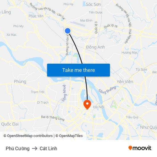 Phú Cường to Cát Linh map