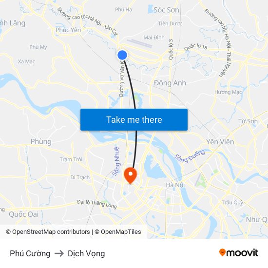 Phú Cường to Dịch Vọng map