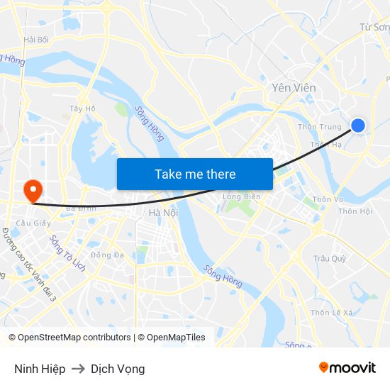 Ninh Hiệp to Dịch Vọng map