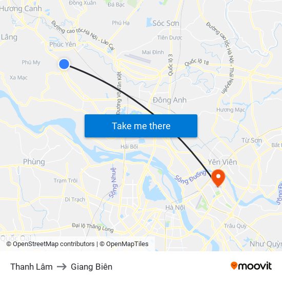 Thanh Lâm to Giang Biên map