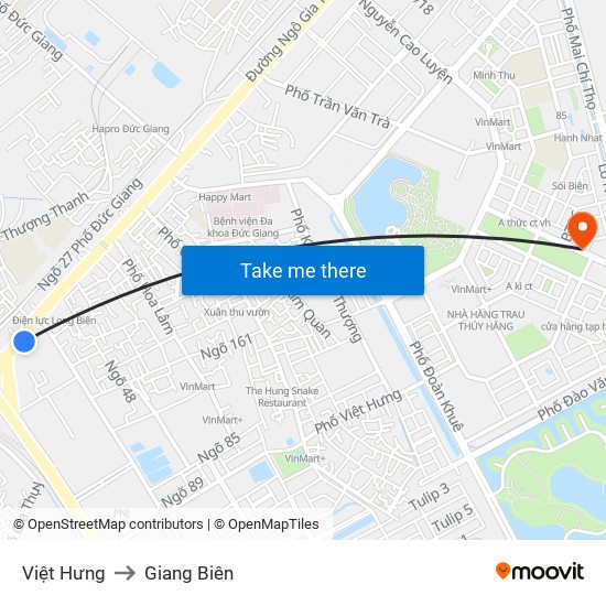 Việt Hưng to Giang Biên map