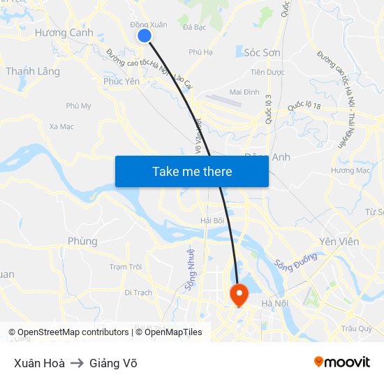 Xuân Hoà to Giảng Võ map