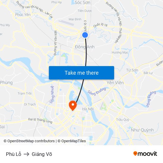 Phù Lỗ to Giảng Võ map