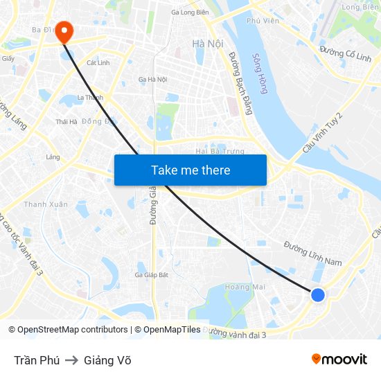 Trần Phú to Giảng Võ map