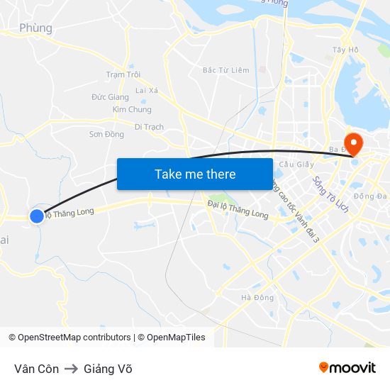 Vân Côn to Giảng Võ map