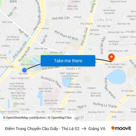 Điểm Trung Chuyển Cầu Giấy - Thủ Lệ 02 to Giảng Võ map