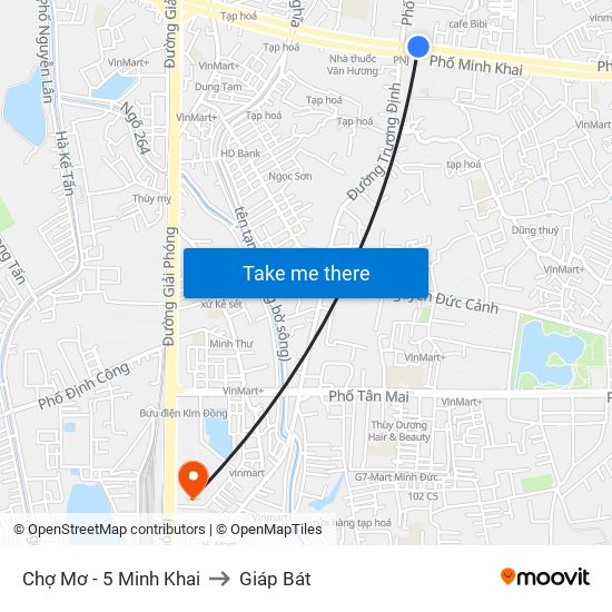 Chợ Mơ - 5 Minh Khai to Giáp Bát map