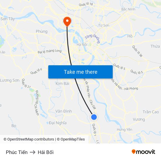 Phúc Tiến to Hải Bối map