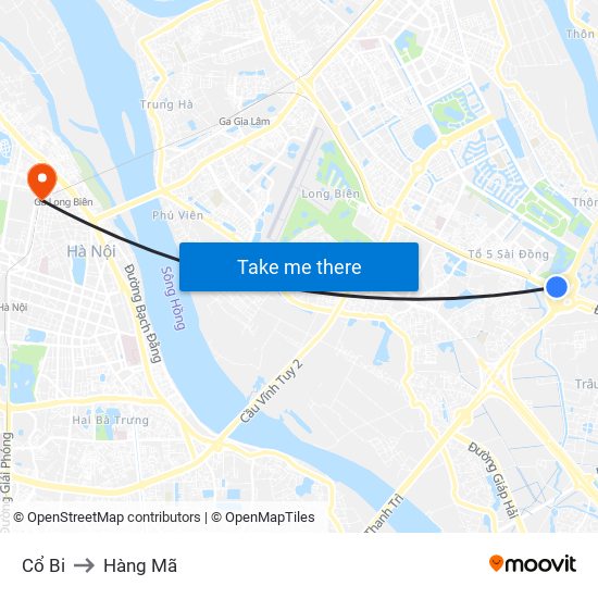 Cổ Bi to Hàng Mã map