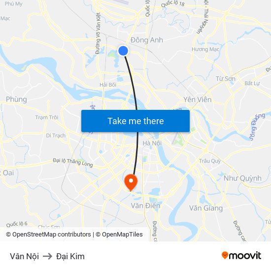 Vân Nội to Đại Kim map