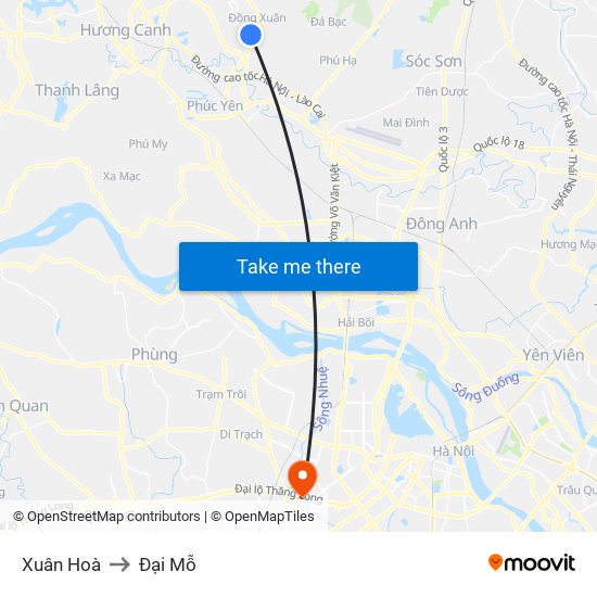 Xuân Hoà to Đại Mỗ map