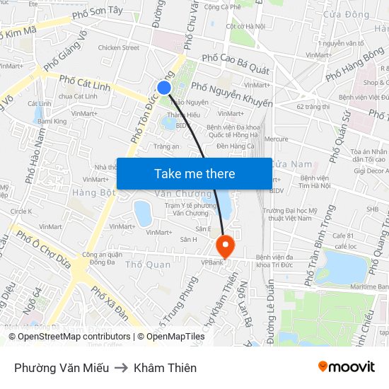 Phường Văn Miếu to Khâm Thiên map