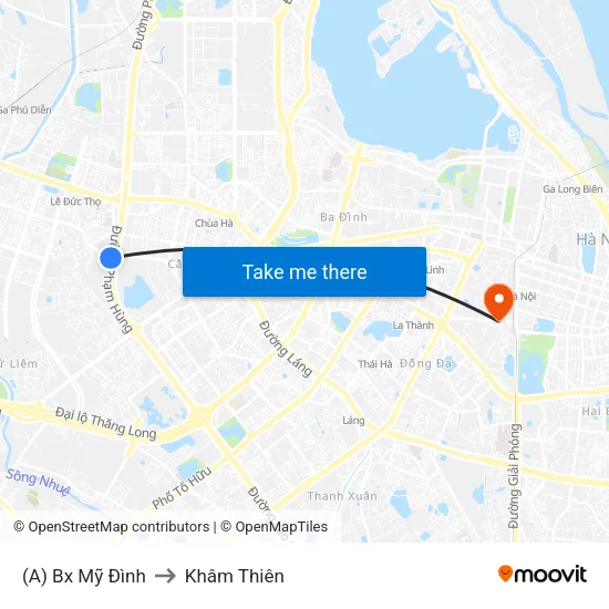 (A) Bx Mỹ Đình to Khâm Thiên map