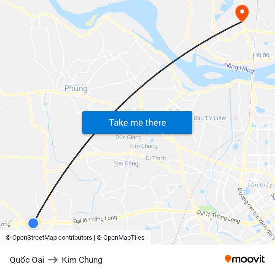 Quốc Oai to Kim Chung map