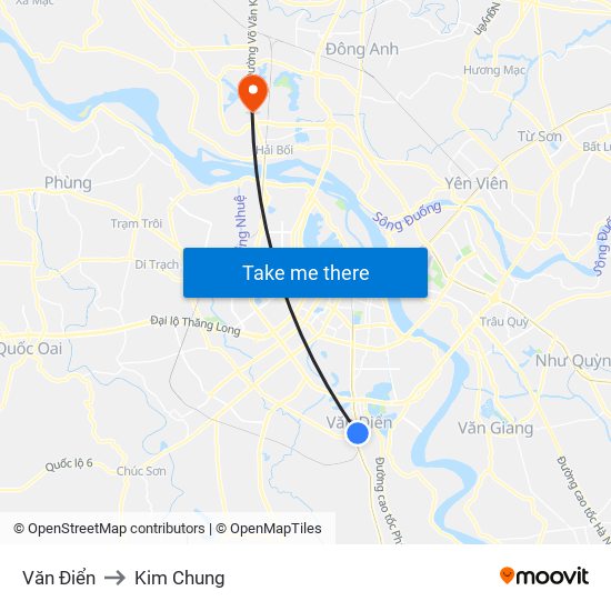 Văn Điển to Kim Chung map