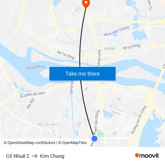 Cổ Nhuế 2 to Kim Chung map