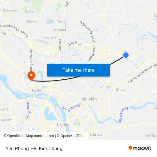 Yên Phong to Kim Chung map
