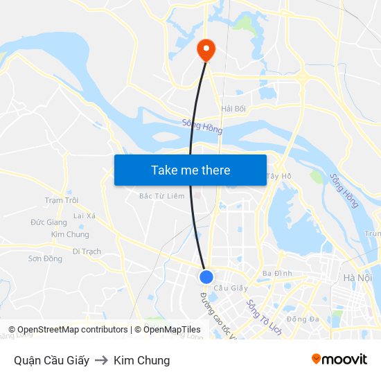 Quận Cầu Giấy to Kim Chung map