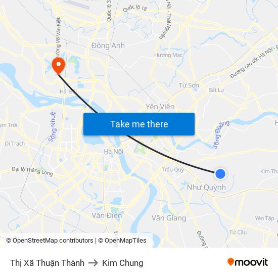 Thị Xã Thuận Thành to Kim Chung map