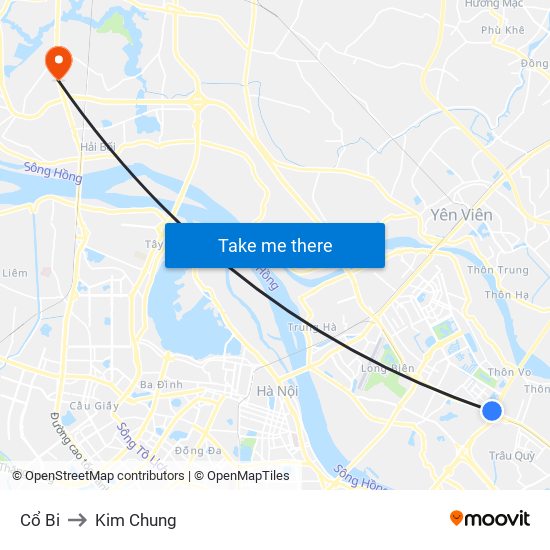 Cổ Bi to Kim Chung map