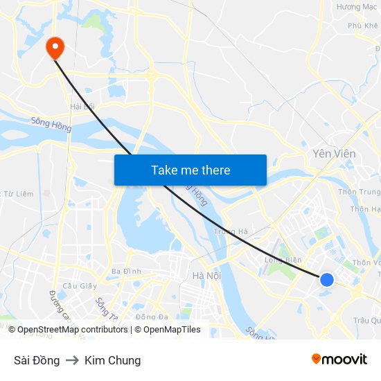 Sài Đồng to Kim Chung map