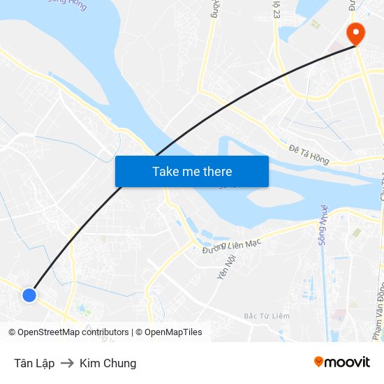 Tân Lập to Kim Chung map